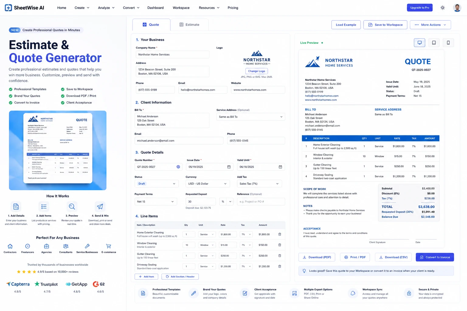 Professional SheetWise AI estimate and quote generator with branded company details, client information, line items, deposit, acceptance, and live quote preview
