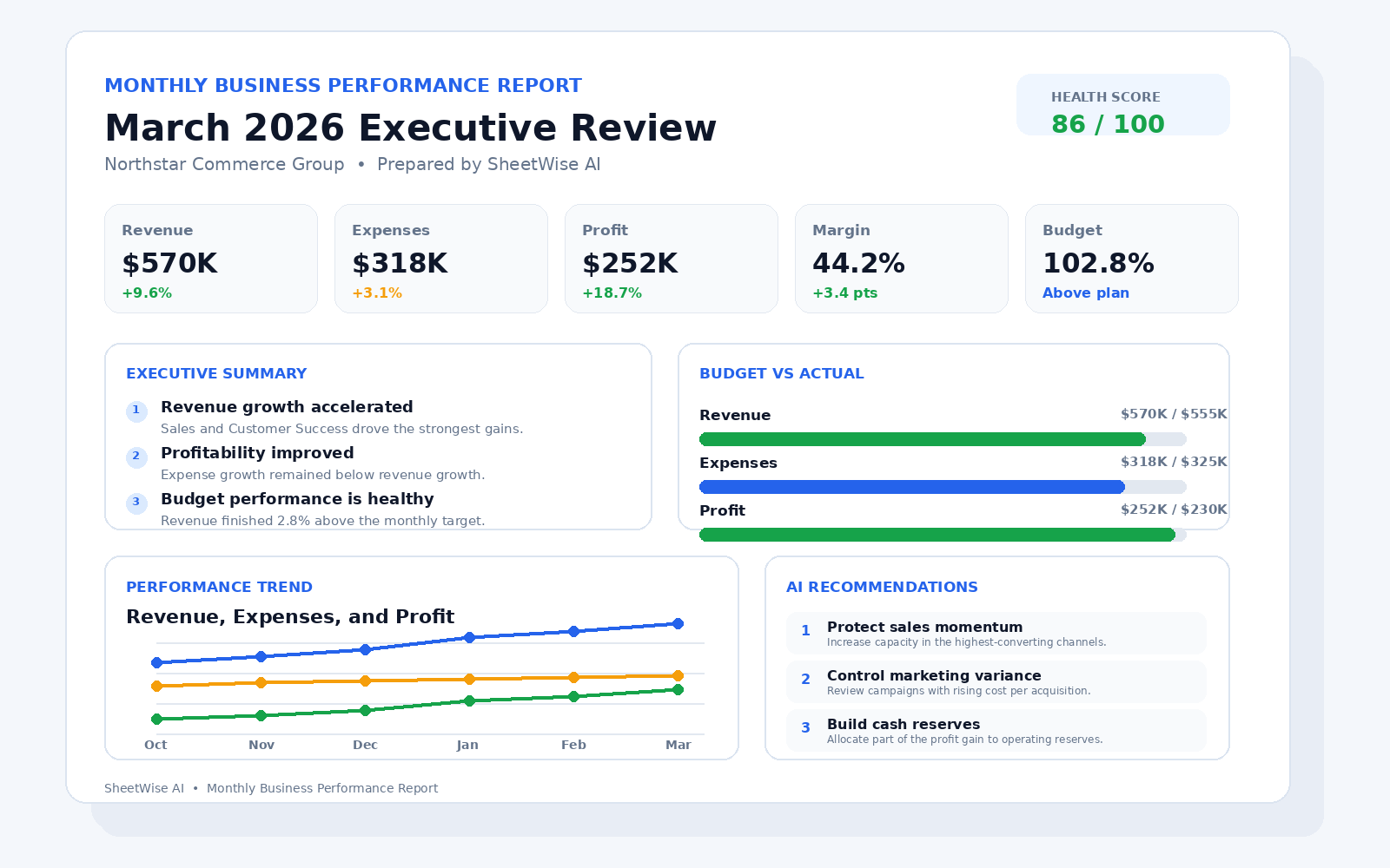 Example Monthly Business Performance Report showing executive summary, health score, revenue, expenses, profit, margin, budget performance, trends, and AI recommendations